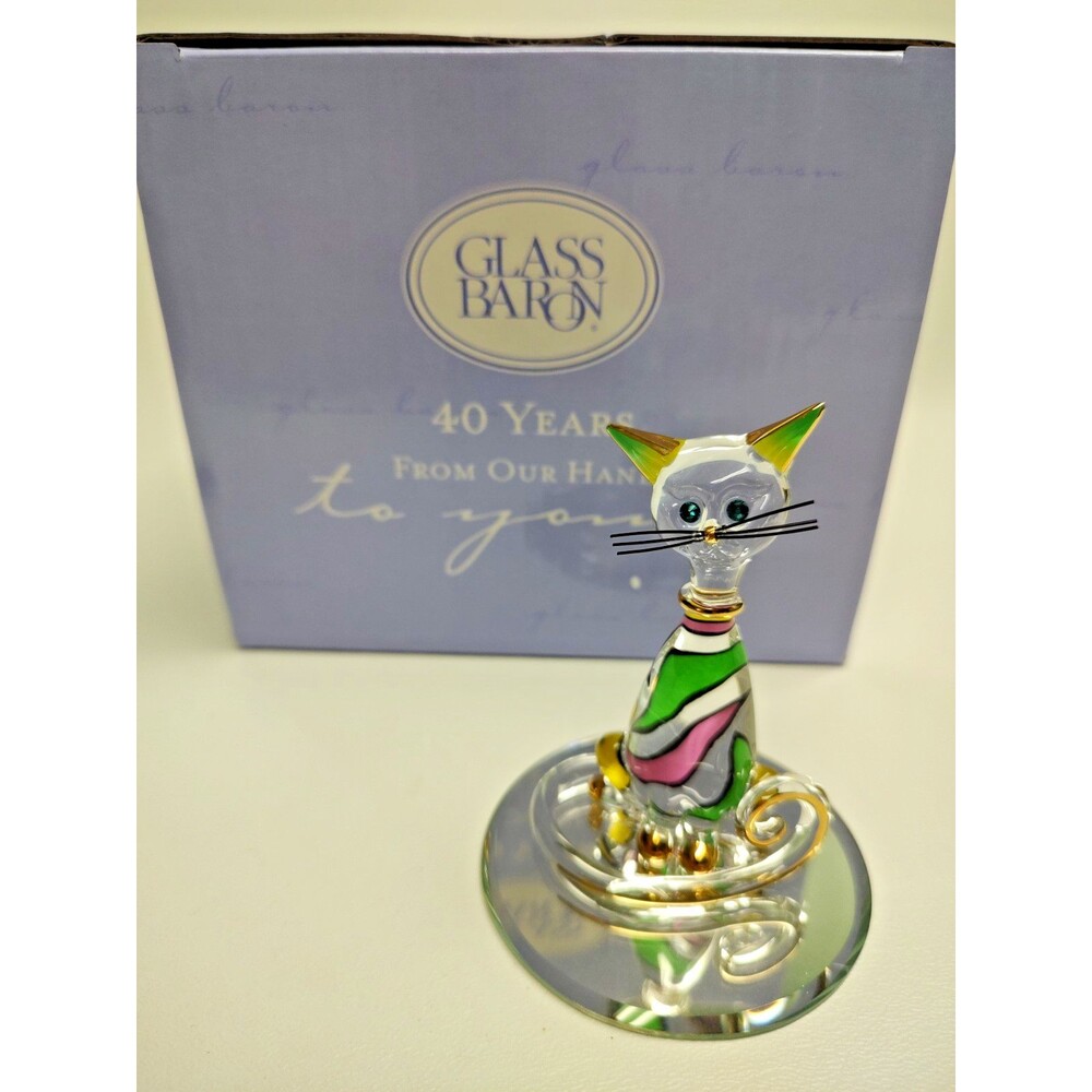 Art Glass Baron COOL CAT Swarovski Figurine 22K Gold Trim USA 3-1/4" T